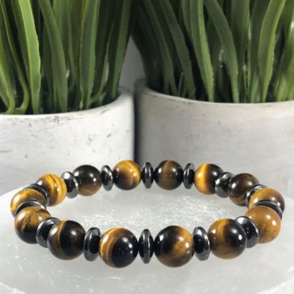 10mm Natural Polished Tiger Eye Hematite Rondelle Stretch Bracelet - Picture 2 of 6
